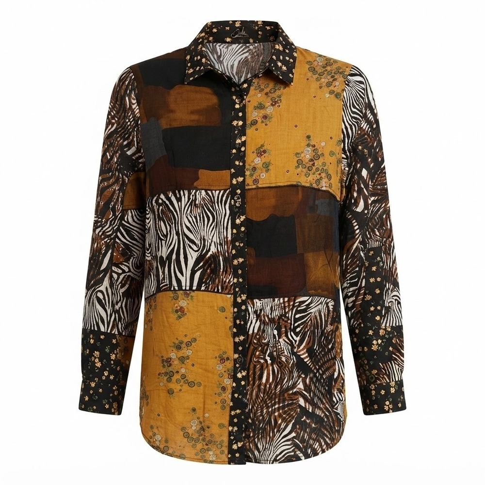 Calessa Womens Large Patchwork Zebra Floral Button Down Tunic Shirt - CJ